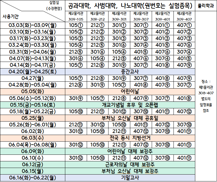 1학기 실험일정표 공대